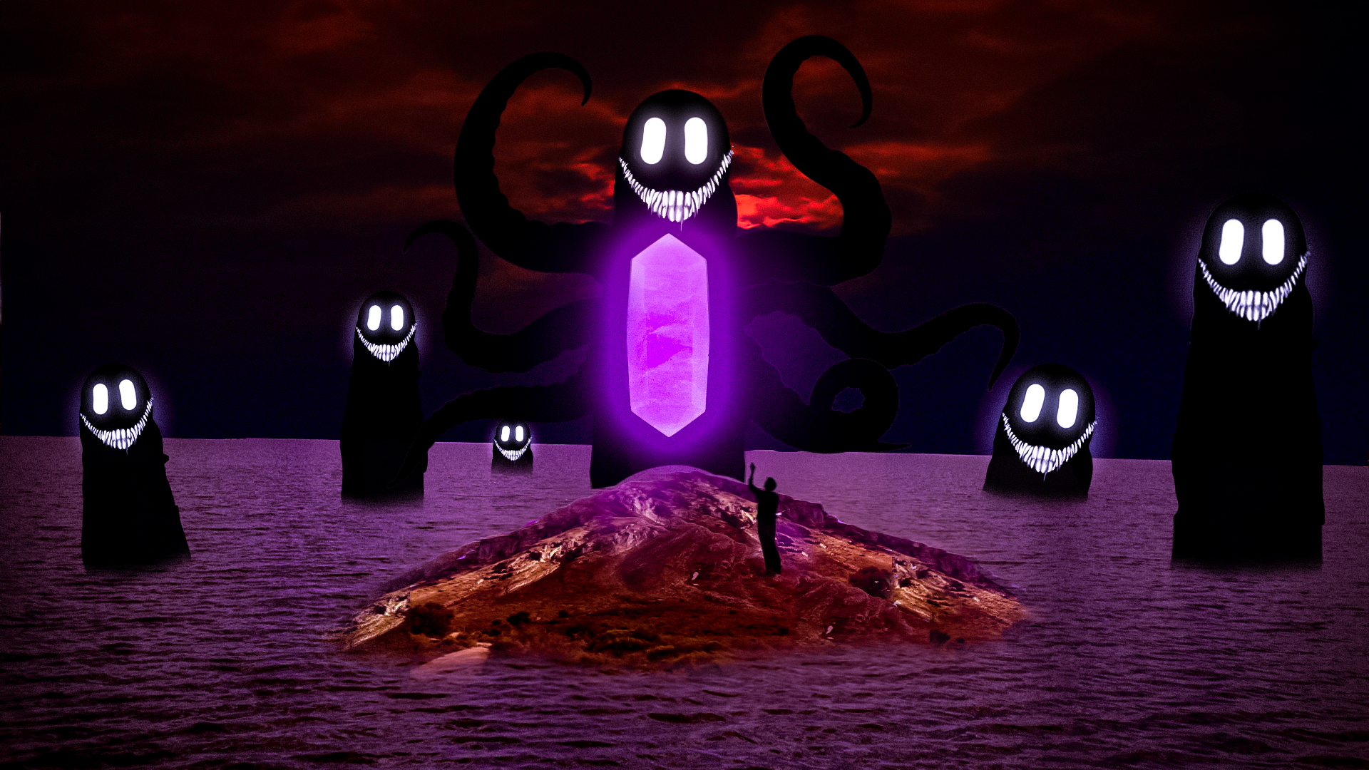 crystal floating on island with creppy creature in the red water 