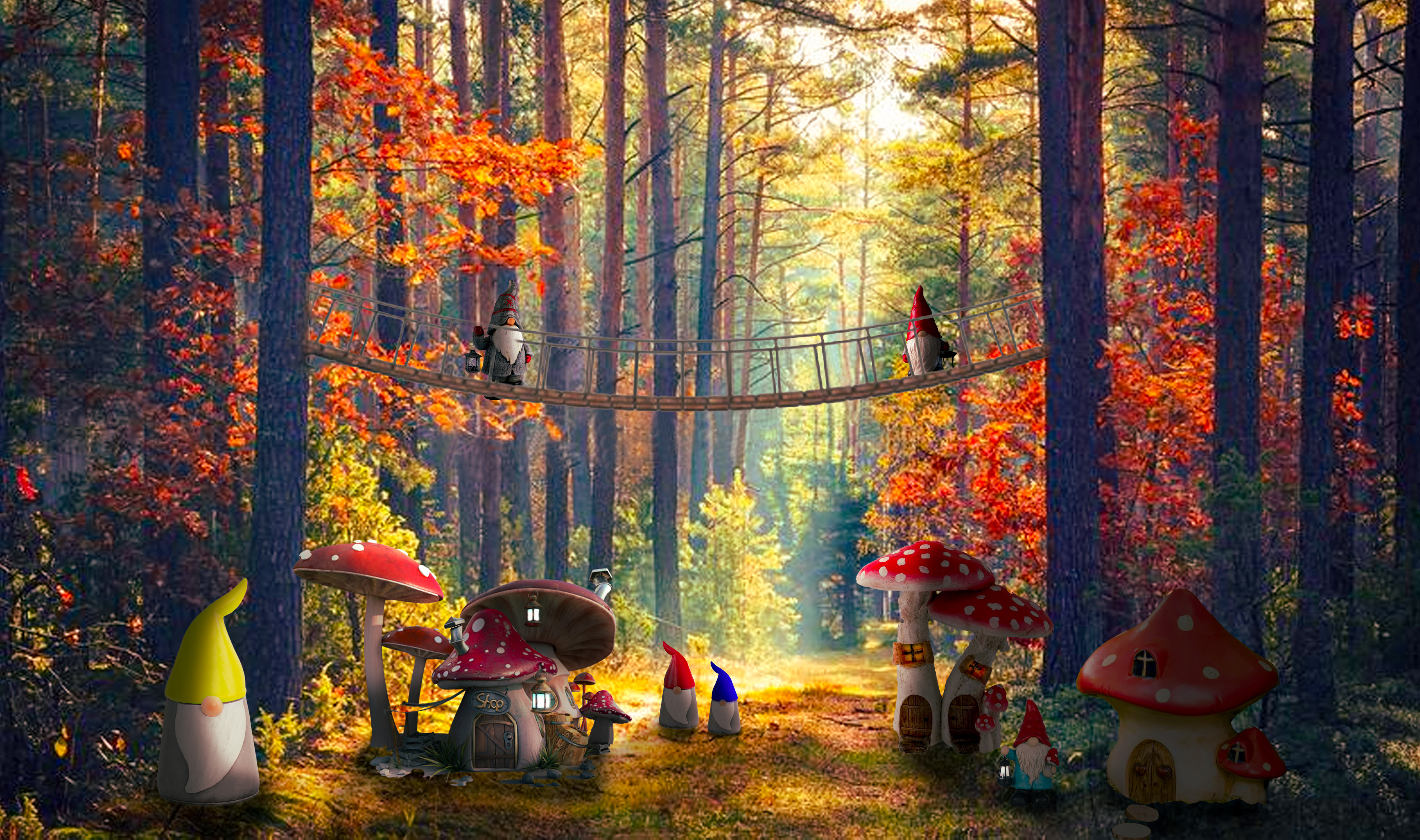 forest with vilage of gnomes and mushroom houses